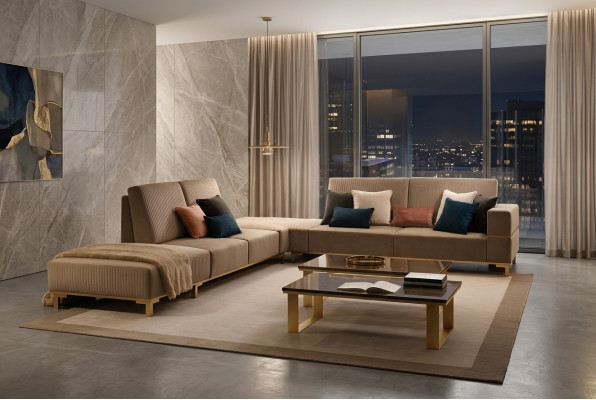 Living landscape couch upholstered textile fabric leather seat suite corner sectional L-shape