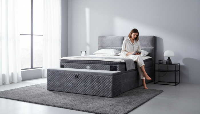 Modern designer luxury bed with 2 nightstands and bench furniture room 4-piece set