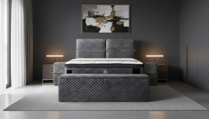 Modern designer luxury bed with 2 nightstands and bench furniture room 4-piece set