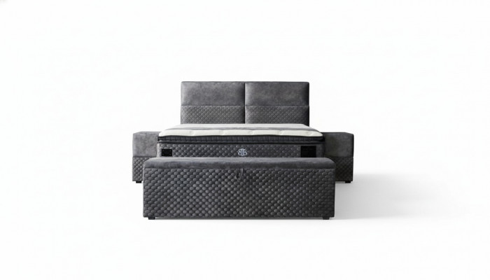 Modern designer luxury bed with 2 nightstands and bench furniture room 4-piece set