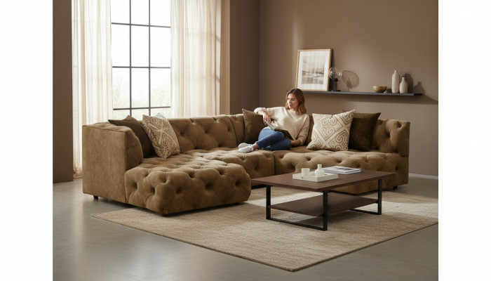 Chesterfield L-shape corner sofa design fabric upholstery suite sofa corner new