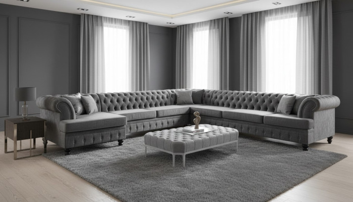 Set Luxury Modern U-Shaped Chesterfield Sofa and Coffee Table Living Room Textile