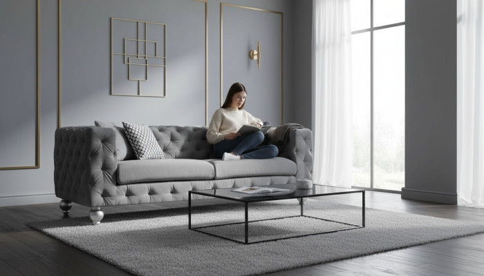 Three-seater fabric living room gray design sofa sofas velvet XXL big upholstered couches