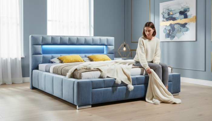 Luxury box spring bed fabric hotel blue beds bedroom furniture design double
