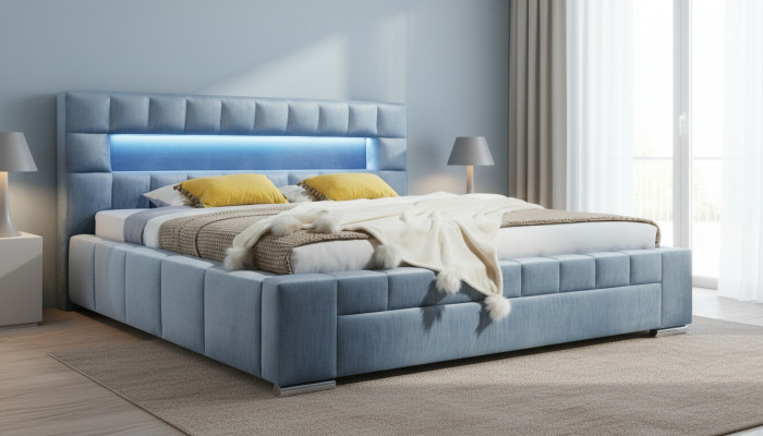 Luxury box spring bed fabric hotel blue beds bedroom furniture design double