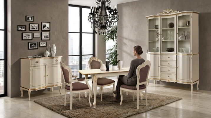 Luxury Dining Room Set 6-piece White Wood Furniture Sideboard 3x Chair Table