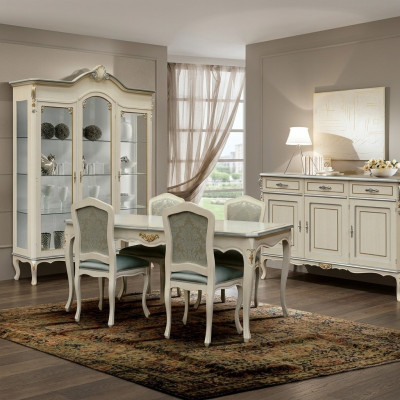 Luxury Dining Room Set 7-Piece White Wood Furniture Sideboard 4x Chair Table Display Cabinet