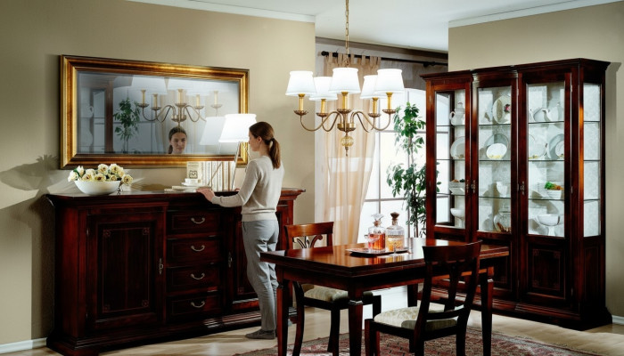 Dining table, 2 chairs, display cabinet, sideboard, mirror, complete dining room set, 6-piece, new