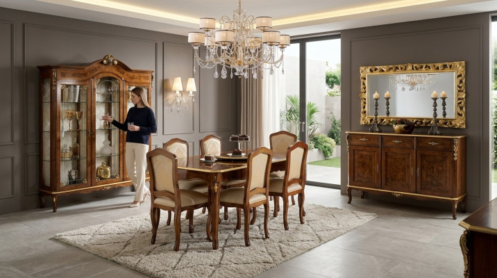 Dining table, 6 chairs, display cabinet, sideboard, mirror, complete dining room set, 10 pieces.