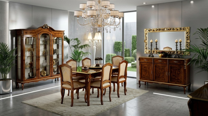 Dining table, 6 chairs, display cabinet, sideboard, mirror, complete dining room set, 10 pieces.