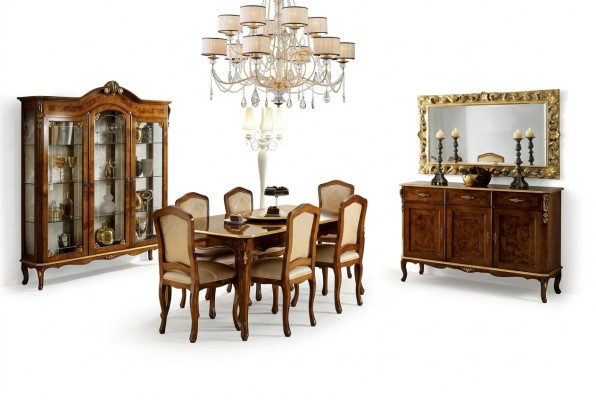 Dining table, 6 chairs, display cabinet, sideboard, mirror, complete dining room set, 10 pieces.