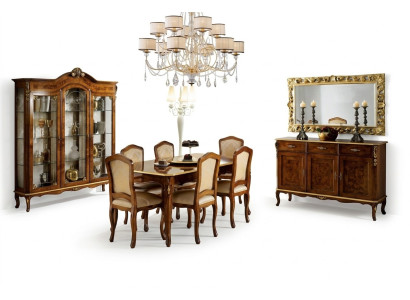 Dining table, 6 chairs, display cabinet, sideboard, mirror, complete dining room set, 10 pieces.