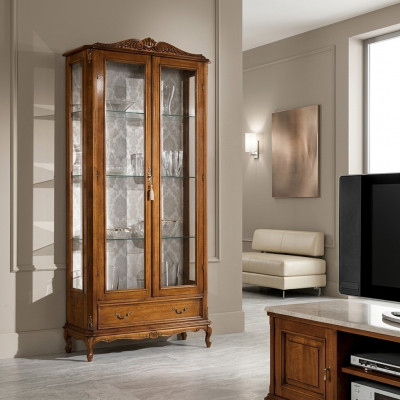 Designer luxury wooden display cabinet brown 2 glass doors 1 drawer Italian furniture