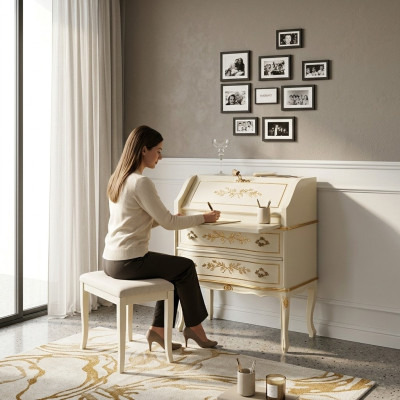 Design desk secretary writing office furniture wood tables office interior.