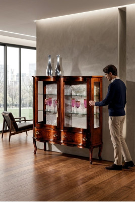 Designer luxury wood display cabinet, brown, 2 glass doors, 2 drawers, Italian furniture