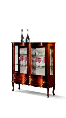 Designer luxury wood display cabinet, brown, 2 glass doors, 2 drawers, Italian furniture