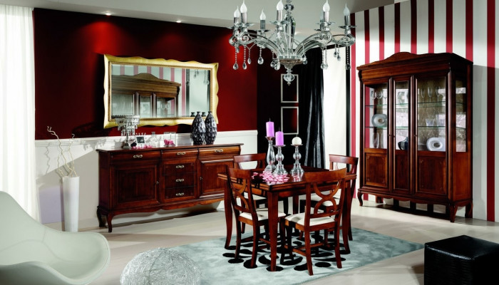 Dining table, 4 chairs, display cabinet, sideboard, mirror, complete dining room set, 8 pieces, new