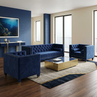Chesterfield Blue Sofa Set 3-Piece Set Couch Upholstery Seating Group