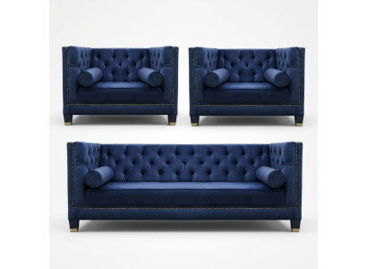 Chesterfield Blue Sofa Set 3-Piece Set Couch Upholstery Seating Group
