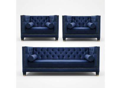 Chesterfield Blue Sofa Set 3-Piece Set Couch Upholstery Seating Group