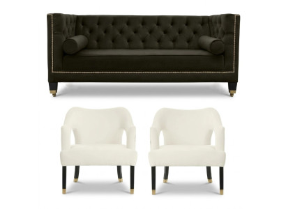Chesterfield+2 Armchairs Black White XXL Big Textile Fabric Sofas Creative