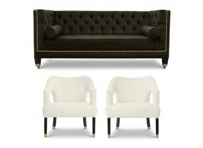 Chesterfield+2 Armchairs Black White XXL Big Textile Fabric Sofas Creative