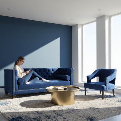 Luxury blue Chesterfield sofa set armchair + three-seater 3+1+1 set