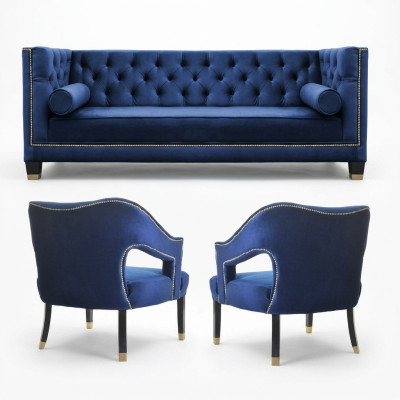 Luxury blue Chesterfield sofa set armchair + three-seater 3+1+1 set
