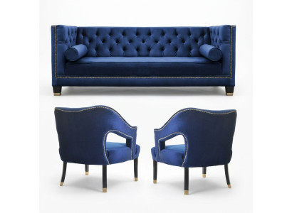 Luxury blue Chesterfield sofa set armchair + three-seater 3+1+1 set