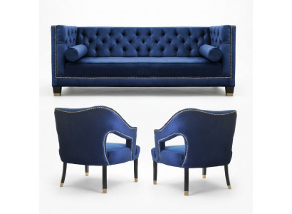 Luxury blue Chesterfield sofa set armchair + three-seater 3+1+1 set