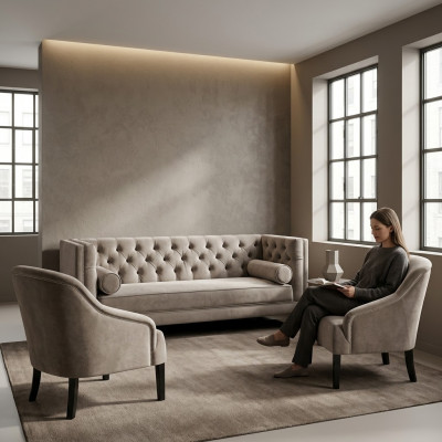 Chesterfield Beige Armchair Luxury Furniture Sets Textile Fabric Sofa Group New