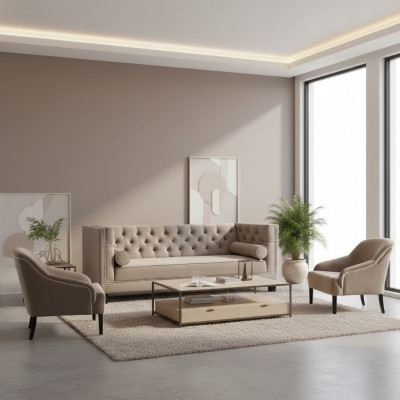 Chesterfield Beige Armchair Luxury Furniture Sets Textile Fabric Sofa Group New