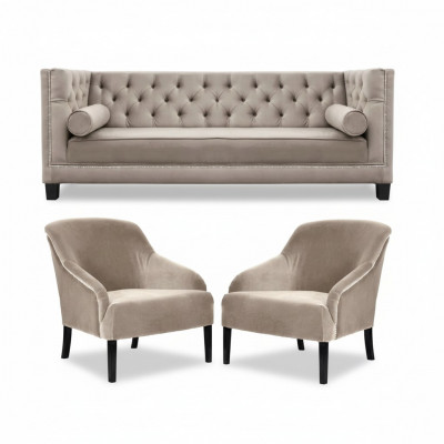 Chesterfield Beige Armchair Luxury Furniture Sets Textile Fabric Sofa Group New