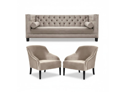 Chesterfield Beige Armchair Luxury Furniture Sets Textile Fabric Sofa Group New