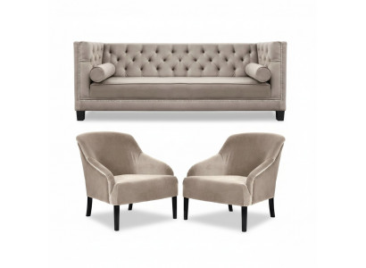Chesterfield Beige Armchair Luxury Furniture Sets Textile Fabric Sofa Group New
