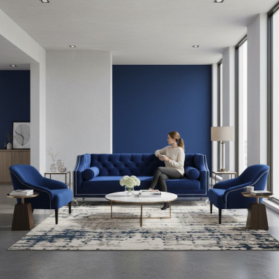 Blue Chesterfield Armchair Blue XXL Textile Fabric Couch Group Furniture Set