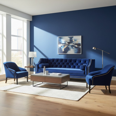 Blue Chesterfield Armchair Blue XXL Textile Fabric Couch Group Furniture Set