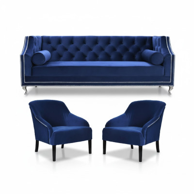 Blue Chesterfield Armchair Blue XXL Textile Fabric Couch Group Furniture Set