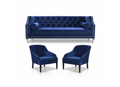 Blue Chesterfield Armchair Blue XXL Textile Fabric Couch Group Furniture Set