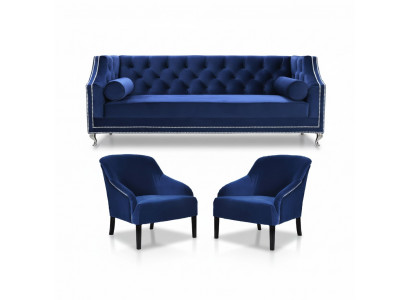Blue Chesterfield Armchair Blue XXL Textile Fabric Couch Group Furniture Set