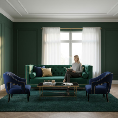 Green Sofa Set 3-Piece Set Couch Furniture Seat Padding Chesterfield Set Velvet