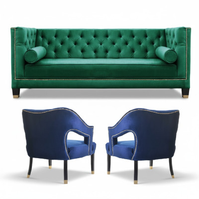 Green Sofa Set 3-Piece Set Couch Furniture Seat Padding Chesterfield Set Velvet