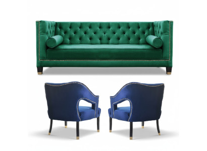 Green Sofa Set 3-Piece Set Couch Furniture Seat Padding Chesterfield Set Velvet