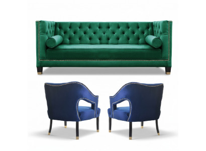 Green Sofa Set 3-Piece Set Couch Furniture Seat Padding Chesterfield Set Velvet
