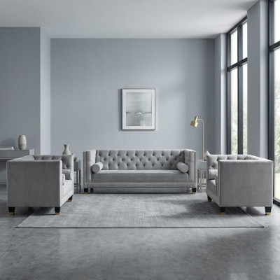 Gray Sofa Set Chesterfield Armchair Luxury Furniture Textile Fabric Living Room New