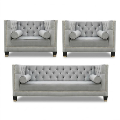 Gray Sofa Set Chesterfield Armchair Luxury Furniture Textile Fabric Living Room New