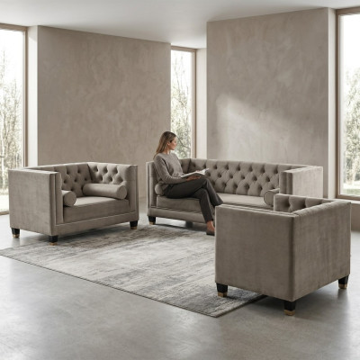 Beige Chesterfield Sofa Set Armchair Luxury Furniture Fabric Living Room New
