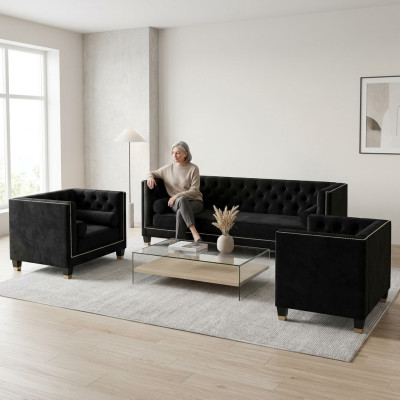 Black Living Room Sofa Set Chesterfield Armchair Three-seater 3-piece