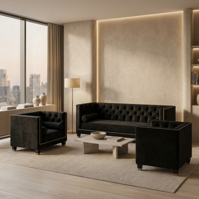 Black Living Room Sofa Set Chesterfield Armchair Three-seater 3-piece