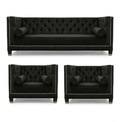 Black Living Room Sofa Set Chesterfield Armchair Three-seater 3-piece